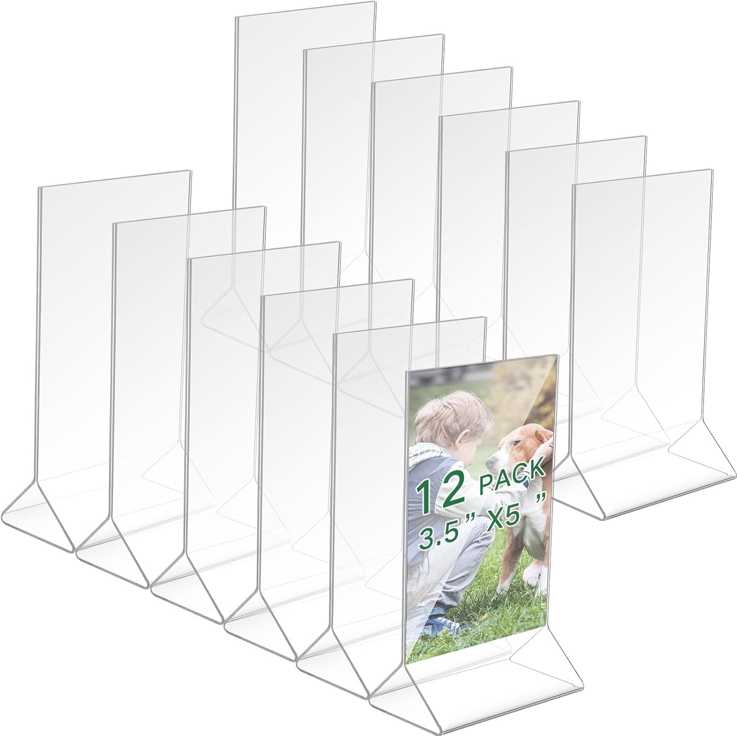 Thyle 12 Pack 3.5 x 5 Clear Acrylic Photo Frame Double Sided Picture or Display Plastic Sign Holder Menu Holders for Tables T Shape Desktop Display Stand for Office Store Restaurant