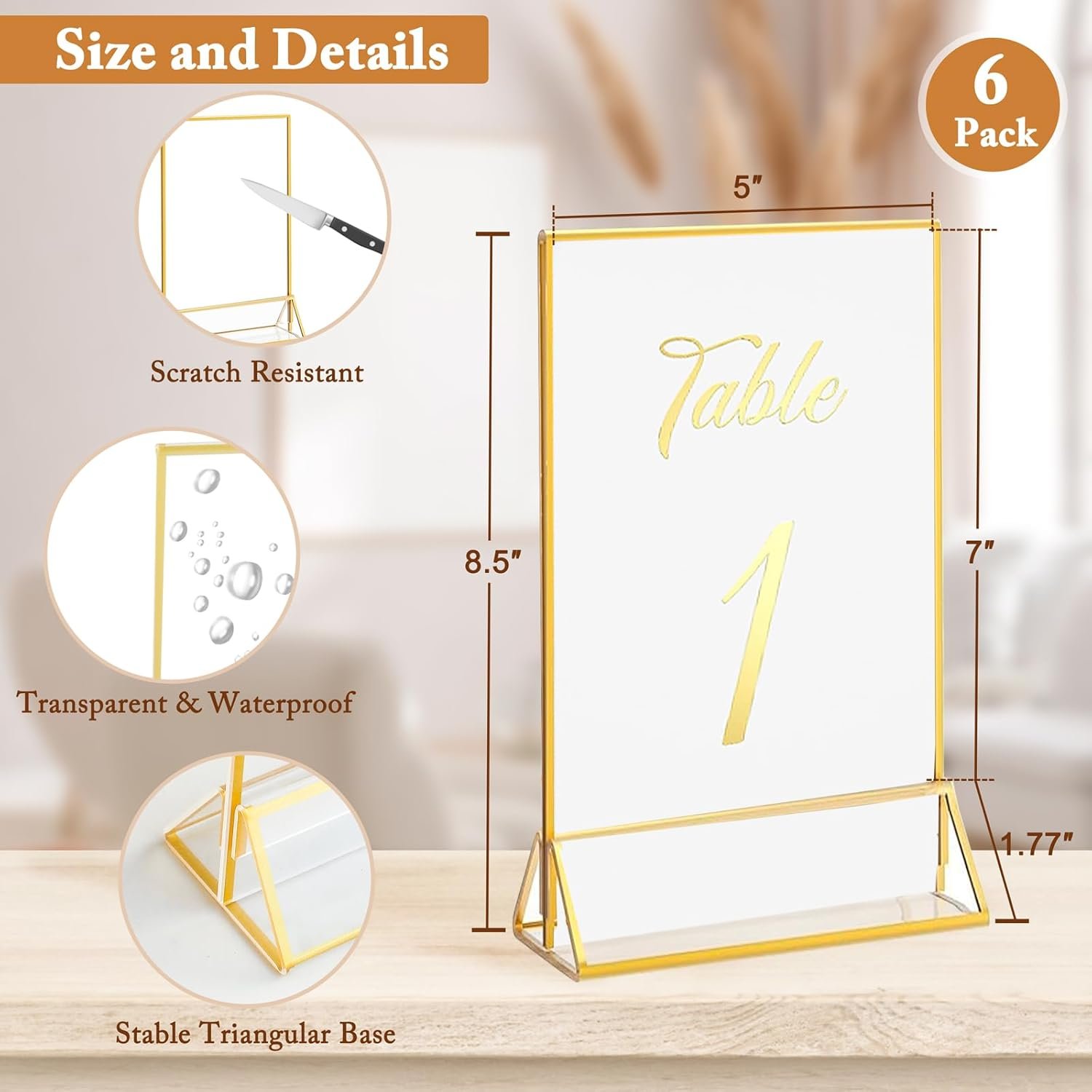 6 Pack 5x7 Inch Clear Acrylic Sign Holders, Double-Sided Gold Display Stand Picture Frames for Table Numbers, Menus, Flyers, Weddings, and Offices - Image 2