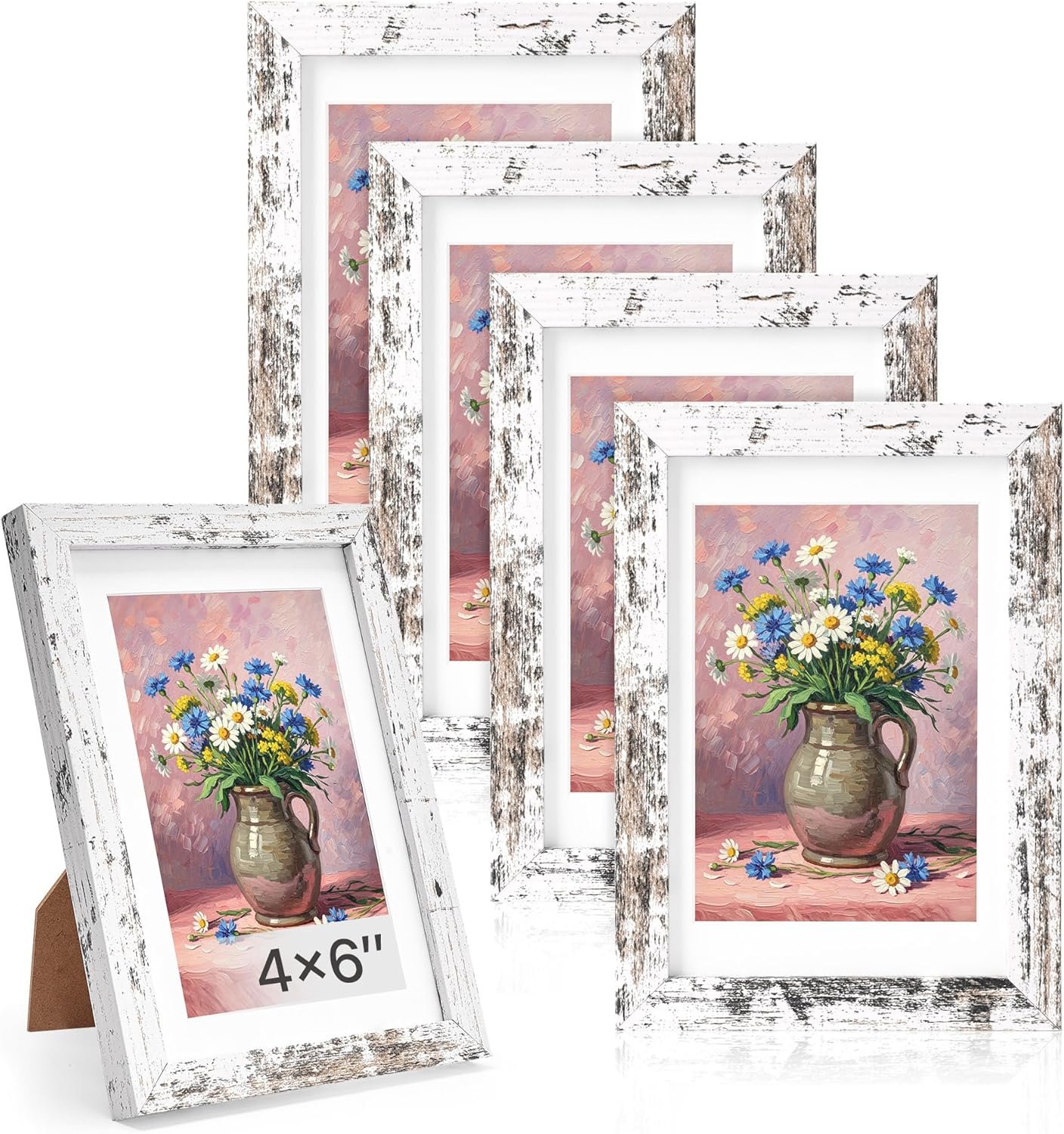 4x6 picture frame, Wooden Picture Frames 4x6 Frame with Real Glass, Distressed White Rustic 4 x 6 Picture Frame for Wall or Tabletop, Display Picture 4x 6 with Mat or 3.5x5 Without Mat (5 Pack)